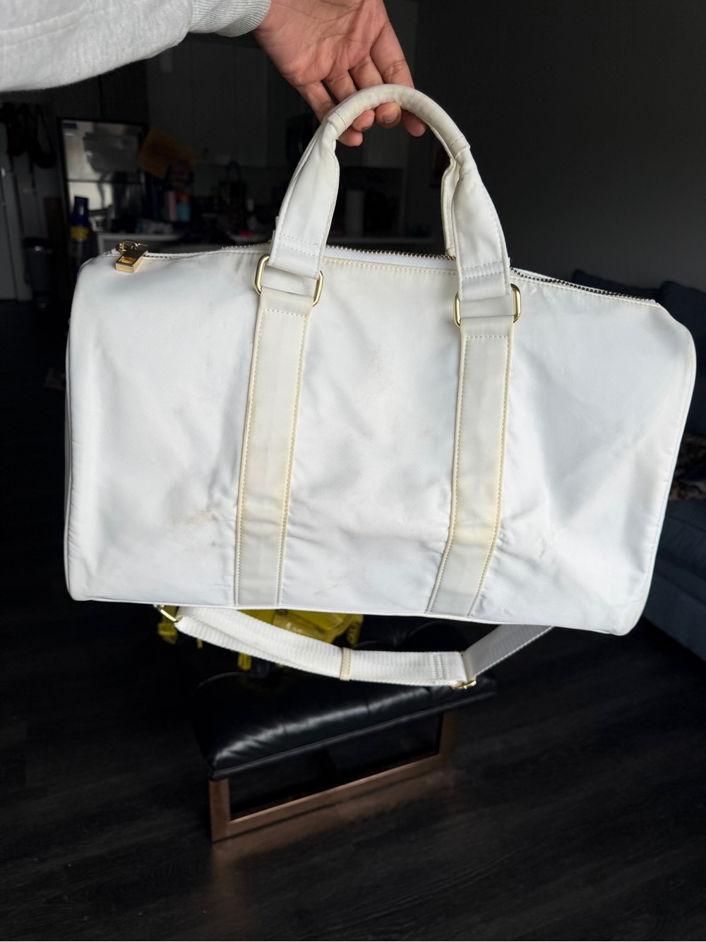 White Stoney Clover Duffel Bag with Top Handles and Shoulder Strap